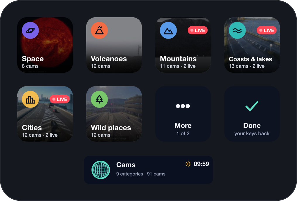 Nine categories: space, volcanoes, mountains, coasts, cities, wild places, open ocean, roads, test card