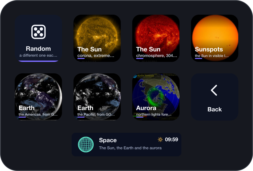 Space: the Sun in four lights, the Earth from orbit, the aurora