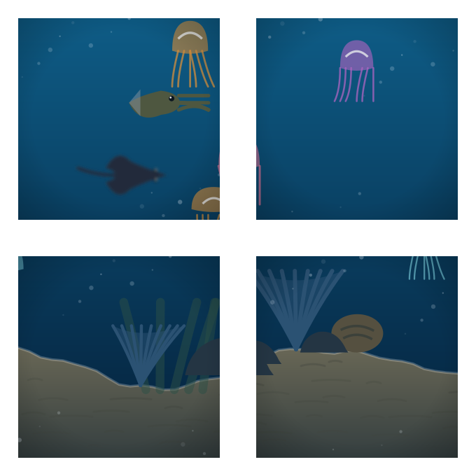Twilight — blue and sparse, the animals bigger and further apart