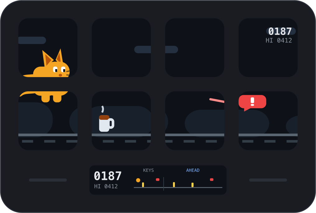 A Stream Deck Neo with the game across all eight keys: a cat in mid-jump over a coffee cup, and a radar of coming obstacles on the Infobar