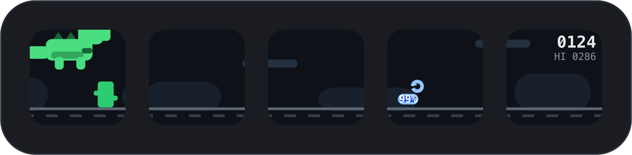 Five keys in a row: a pixel dino jumping a cactus, the score on the last key