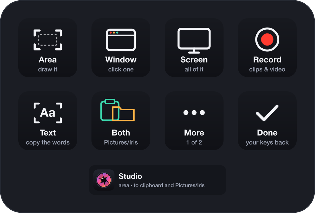 Capture: area, window, screen, text, timer, where it goes