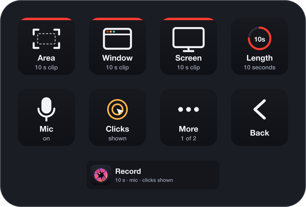 Record: length, microphone, clicks shown