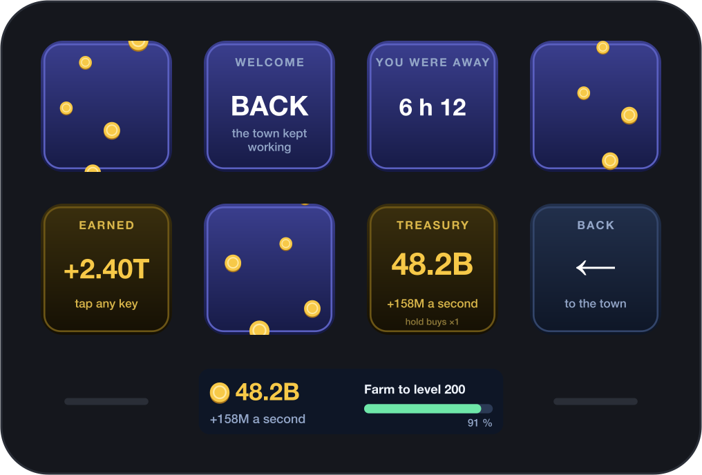 Back at your desk. The town works on while the computer is off, for eight hours at first. The deck tells you what was earned.
