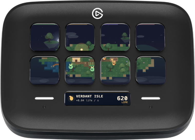 A Stream Deck Neo at night, with a living island on its eight keys and the Little Worlds Infobar