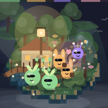The same world at night, with warm windows, stars and a glowing Glim