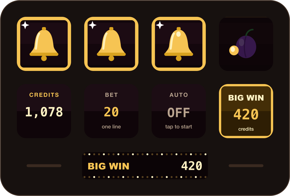 A Stream Deck Neo as a fruit machine: three bells framed in gold on the reels, the panel showing a big win of 420 credits