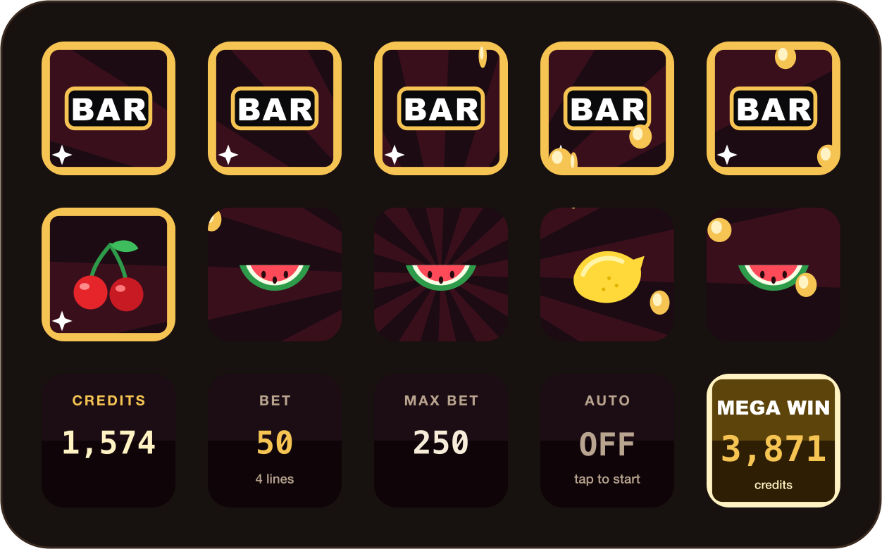 A Stream Deck MK.2 with five BARs in a row: a mega win, with a sunburst behind the reels and coins falling