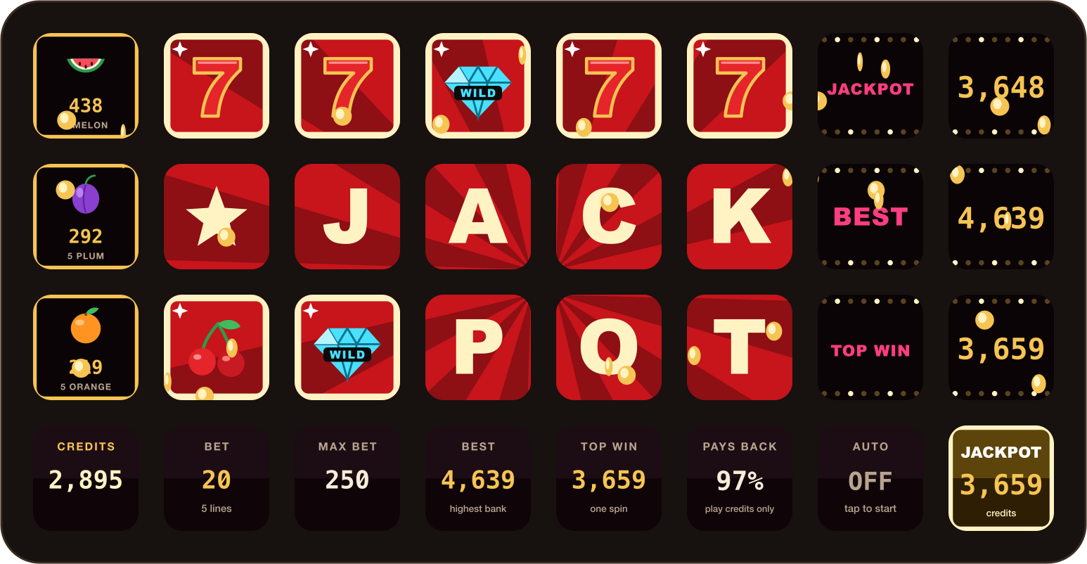 A Stream Deck XL in the jackpot show: sevens on the top row, JACKPOT spelled across the keys below, signs flashing