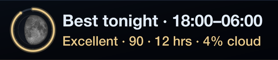 A Neo Infobar showing the best viewing window, score, duration and cloud cover
