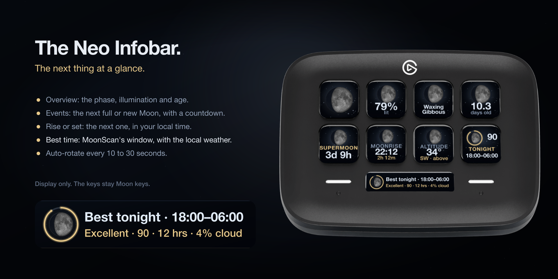 Overview: the Moon, the phase, the illumination and the age.