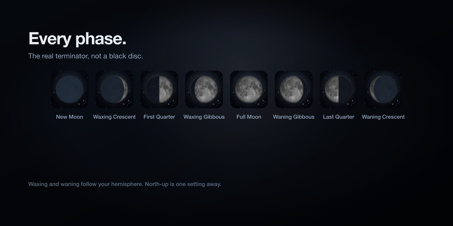 Eight Stream Deck keys, from new moon to waning crescent, each drawn by the plugin