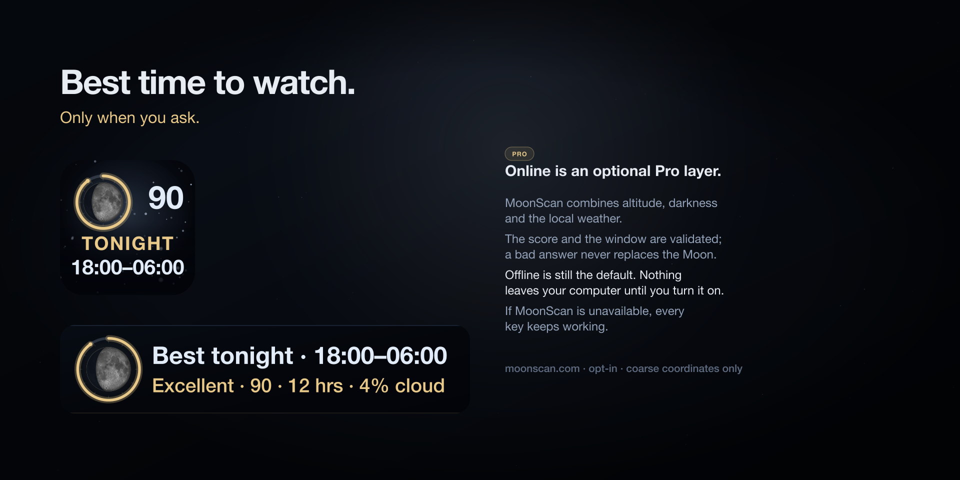 A watch key and a Neo Infobar showing tonight's best viewing window