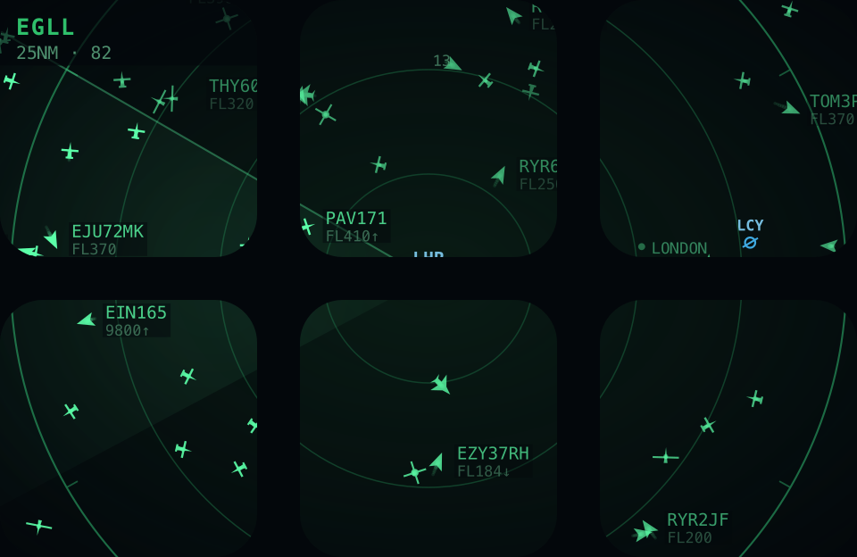 Twenty-five miles, low and slow — zoom in and the level floor opens up — circuit traffic, helicopters and light aircraft appear