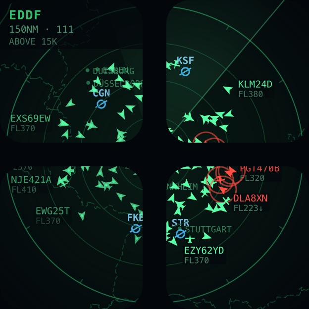 150 nm — the en-route flow, above 15,000ft