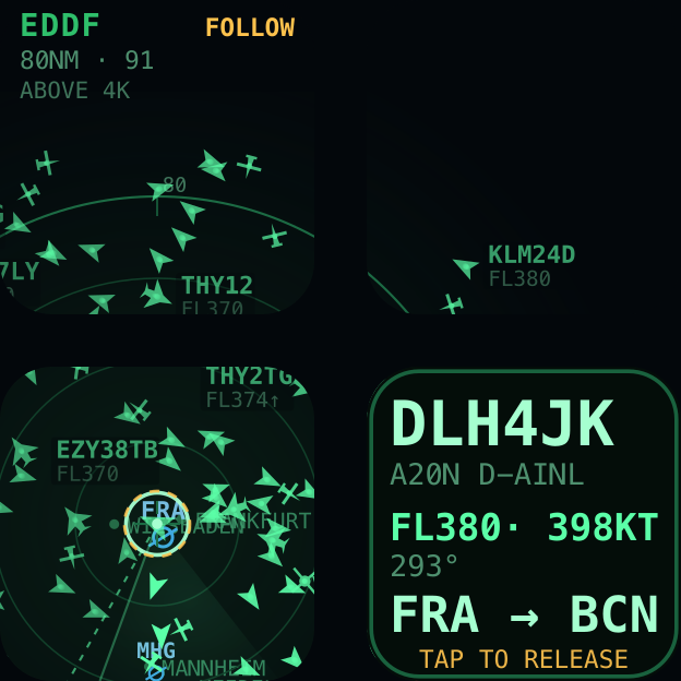 Following one aircraft — held in the key next to its readout while the country slides underneath