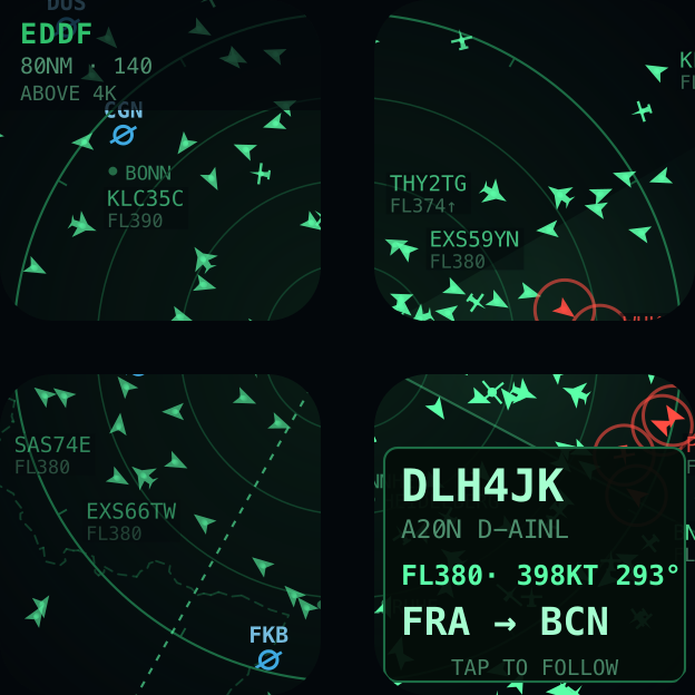 One tap, and it tells you — the selected aircraft ringed, its details in the far corner, and its route drawn out