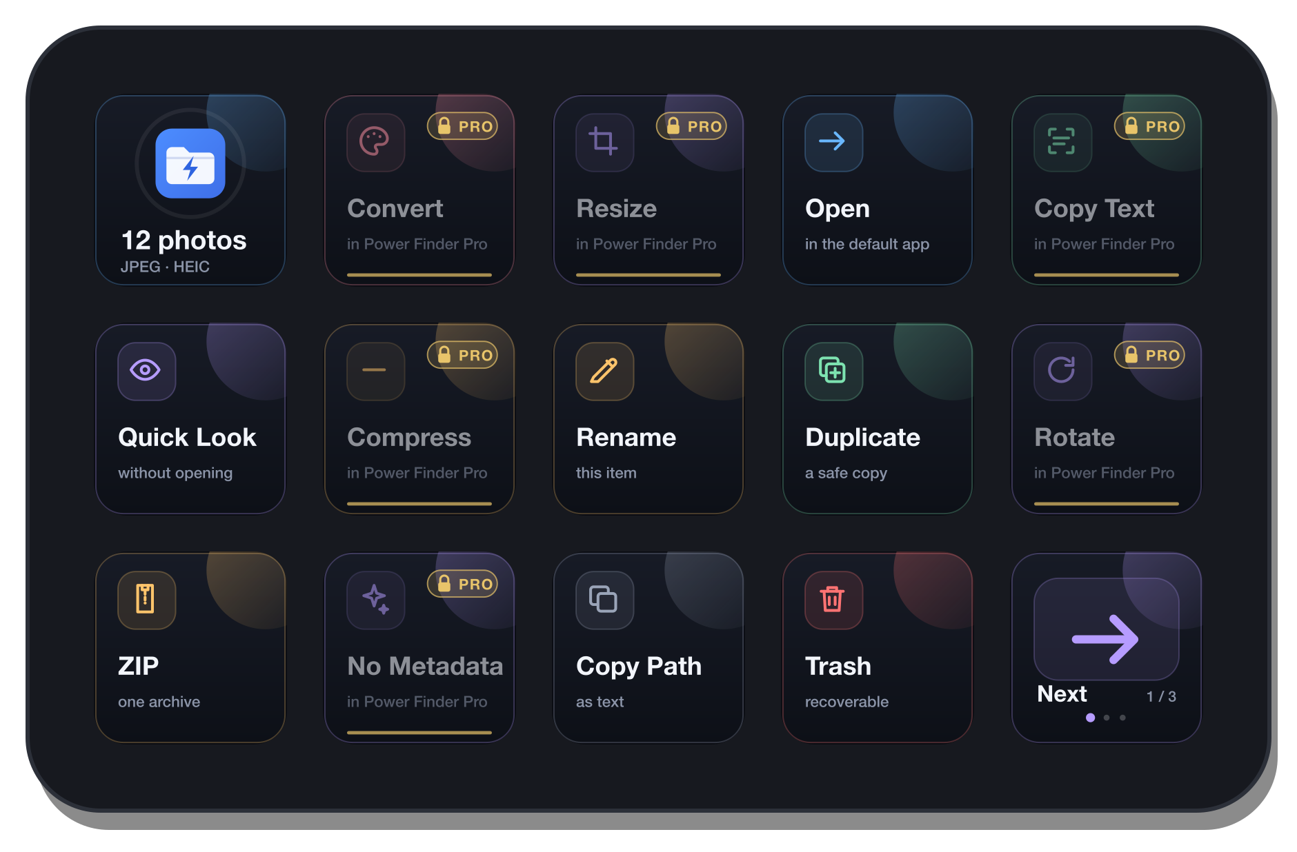 Power Finder, the free edition, with twelve photos selected: Open, Quick Look, Rename, Duplicate, ZIP, Copy Path and Trash work; Convert, Resize, Copy Text and the other Pro actions are dimmed with a gold PRO mark.