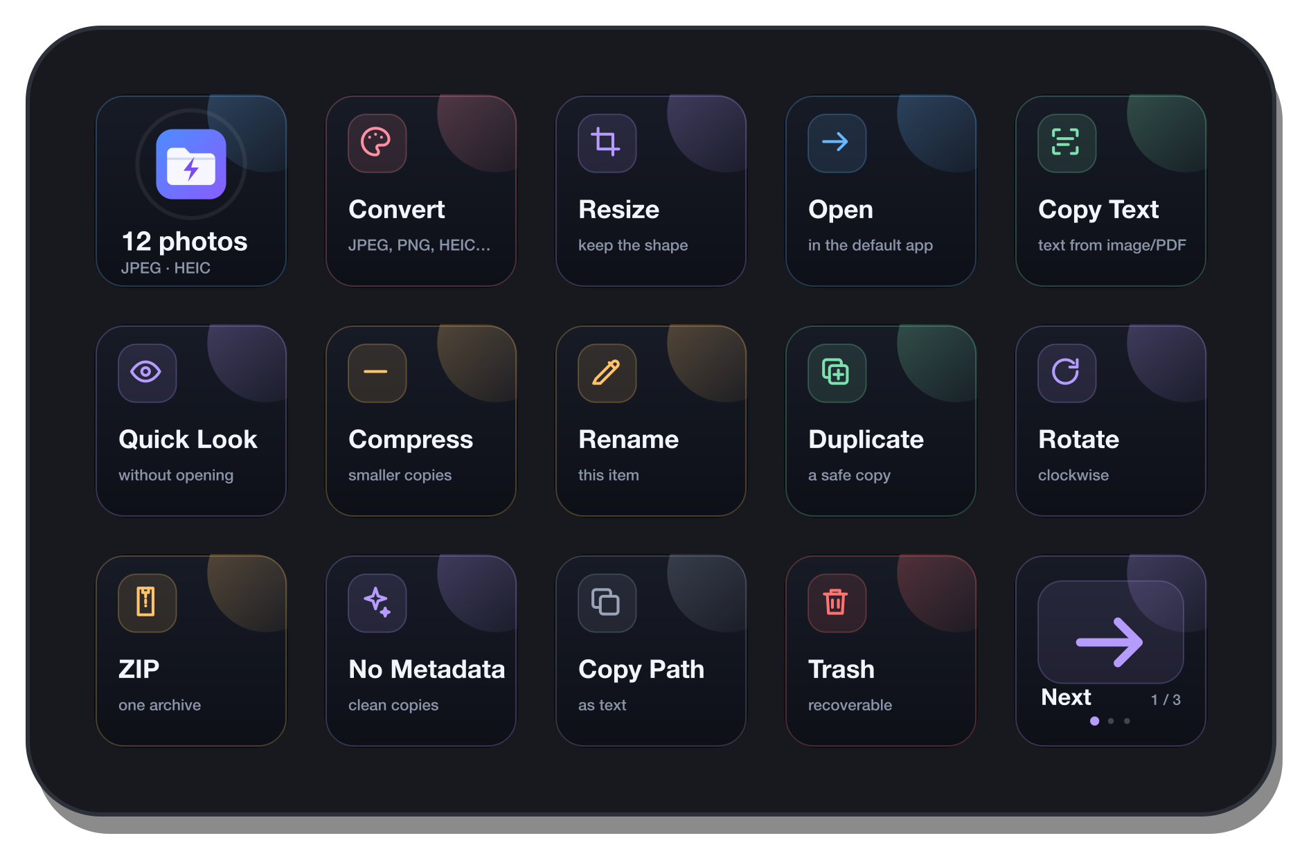A Stream Deck with twelve photos selected in Finder: the launcher says 12 photos, and the keys offer Convert, Resize, Open, Copy Text, Quick Look, Compress, Rename, Duplicate, Rotate, ZIP, No Metadata, Copy Path and Trash.