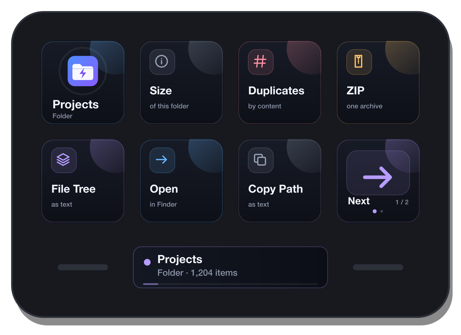 A folder: its size, a file tree, duplicates by content