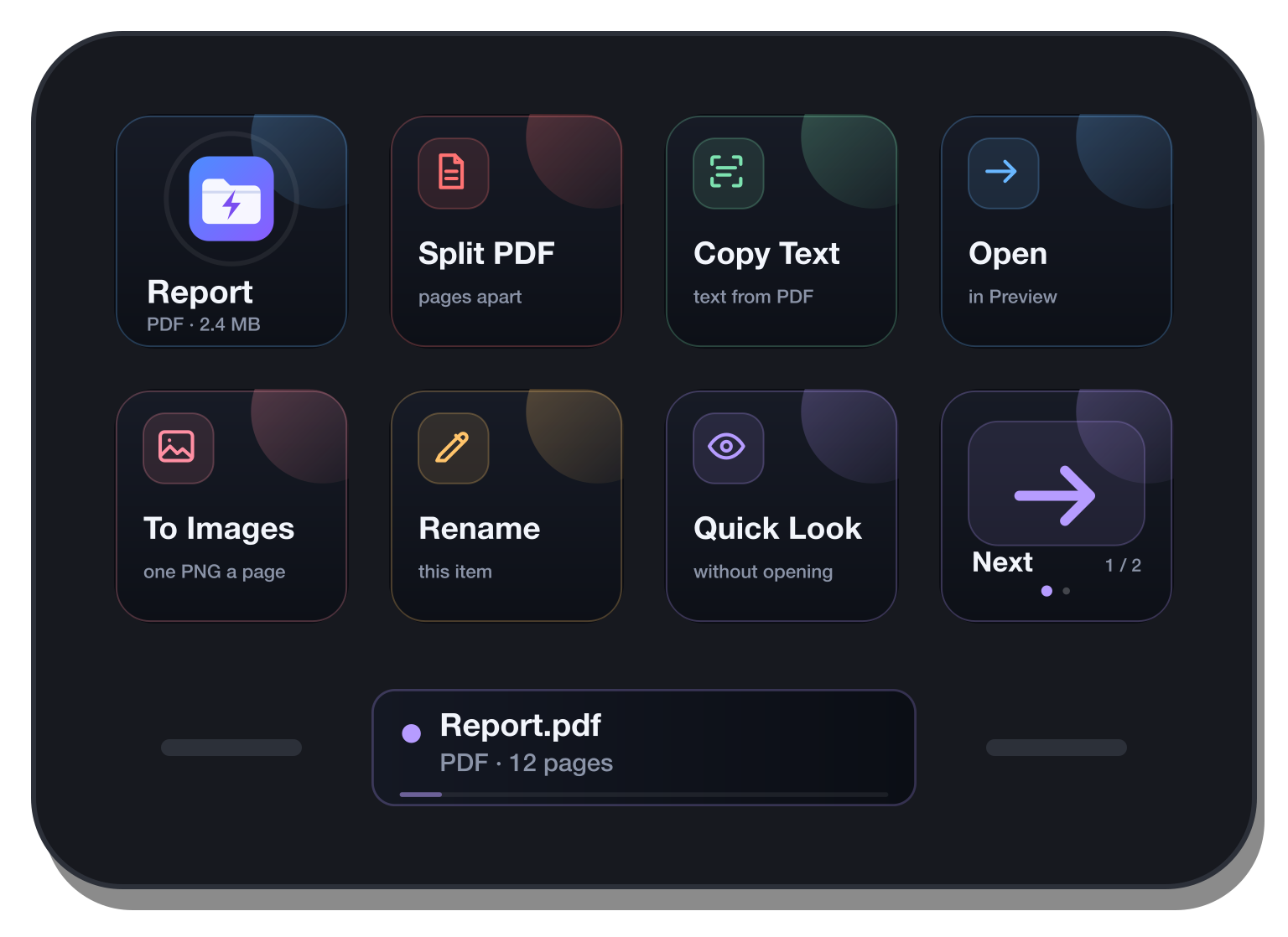 A PDF: split, copy its text, pages as images