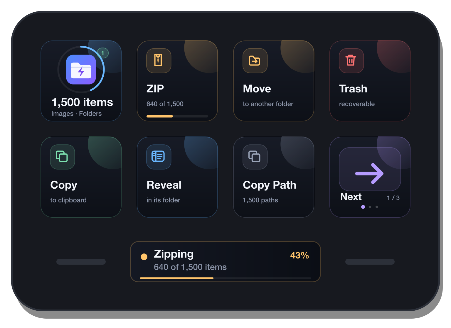 A Stream Deck Neo with 1,500 items selected: the ZIP key shows 640 of 1,500, and the Infobar says Zipping, 43 percent.