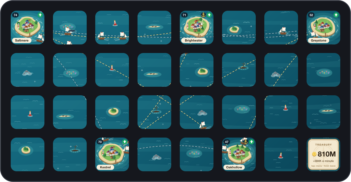 The same sea on a Stream Deck XL: five ports spread across thirty-two keys of open water