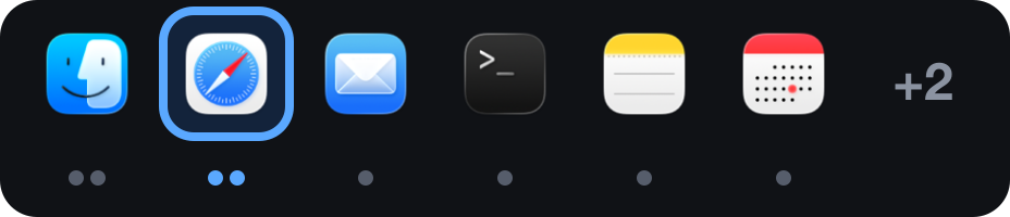 Your whole desk. Every running app in a row, the one in front framed, a dot for each window it has.