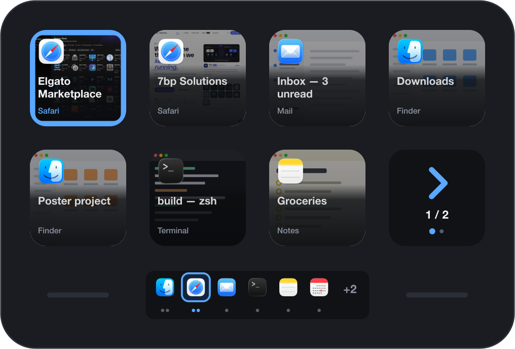 A Stream Deck Neo with seven windows on its keys, the one in front framed in blue, and the running apps as a Dock on the Infobar